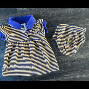 LSU Louisiana SEC Purple and yellow striped baby dress 0-3 mo Geaux Tigers!